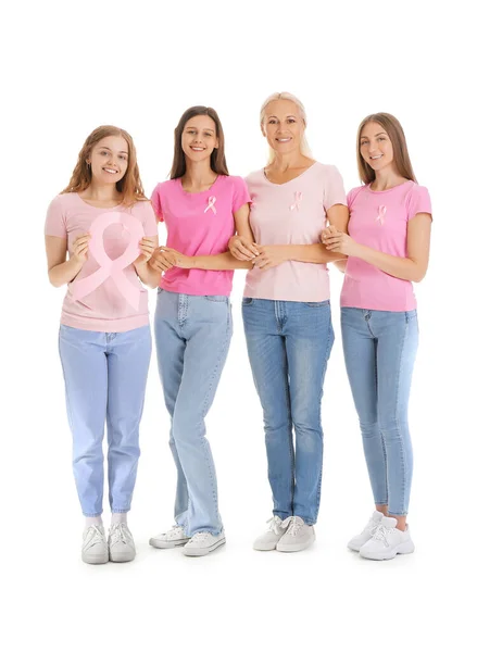 Piękne Kobiety Różowymi Wstążkami Świadomości Białym Tle Koncepcja Raka Piersi — Zdjęcie stockowe