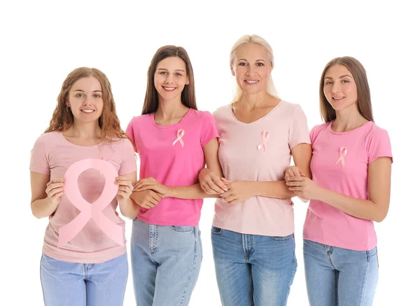 Belle Donne Con Nastri Consapevolezza Rosa Sfondo Bianco Concetto Cancro — Foto Stock