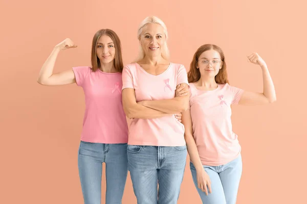 Beautiful Women Pink Awareness Ribbons Showing Muscles Color Background Breast — Stock Photo, Image