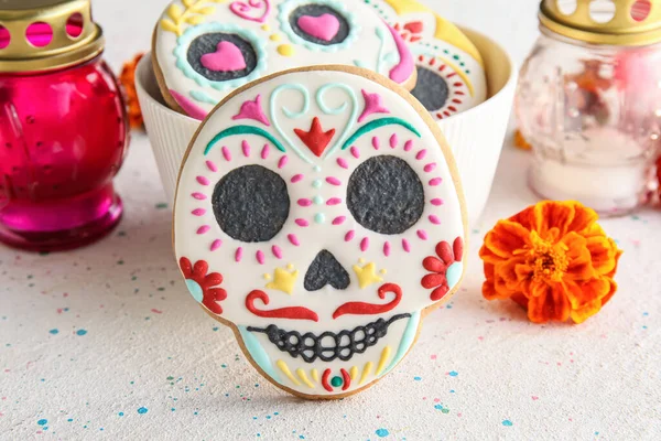Bowl Skull Shaped Cookies Flower Grunge Background Closeup Dia Muertos — Stock Photo, Image