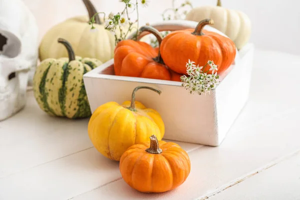 Basket Halloween Pumpkins Light Wooden Background — Stock Photo, Image