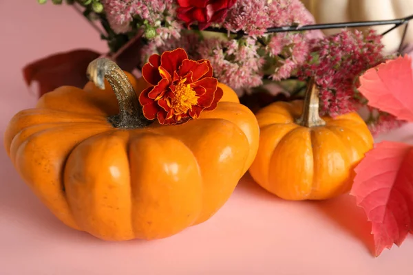 Abóboras Halloween Flores Fundo Rosa Close — Fotografia de Stock