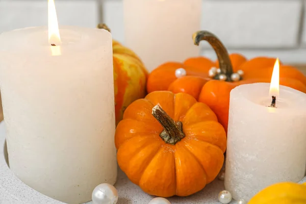 Halloween Pumpkins Burning Candles Closeup — Stock Photo, Image