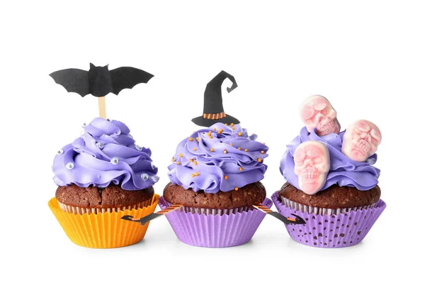 Lekkere Halloween Cupcakes Met Decor Witte Achtergrond — Stockfoto