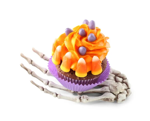 Tasty Halloween Cupcake Skeleton Hand White Background — Stock Photo, Image