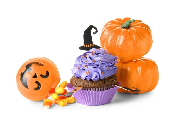 Tasty Halloween Cupcake Pumpkins Candies White Background — Stock Photo, Image