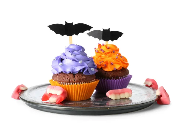 Dienblad Met Lekkere Halloween Cupcakes Snoepjes Witte Achtergrond — Stockfoto