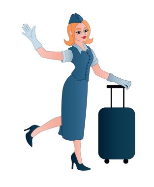 Beyaz arka planda valizleri olan güzel bir hostes.