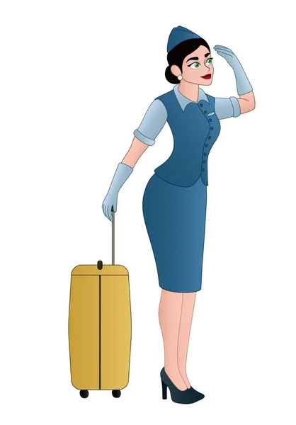 Beautiful Stewardess Suitcase White Background — Stock Vector