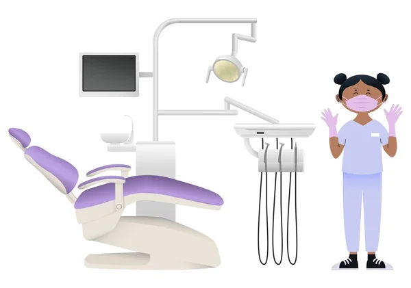白い背景に近代的な機器を持つ女性歯科医 — ストックベクタ
