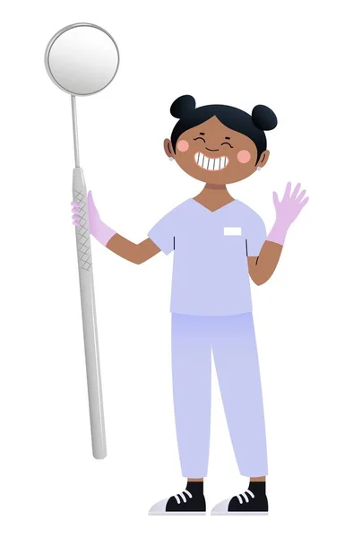 幸せな女性歯科医とともに歯科用ミラー上の白い背景 — ストックベクタ