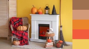 Cadılar Bayramı için dekore edilmiş oturma odasının içi. Farklı renk desenleri