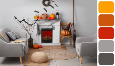 Cadılar Bayramı için dekore edilmiş oturma odasının içi. Farklı renk desenleri