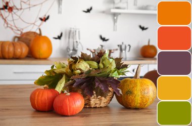 Mutfak masasında sonbahar yaprakları ve balkabakları olan sepet. Farklı renk desenleri