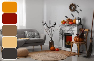 Cadılar Bayramı için dekore edilmiş oturma odasının içi. Farklı renk desenleri