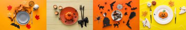 Farklı Cadılar Bayramı masa ayarlarına sahip kolaj, üst görünüm