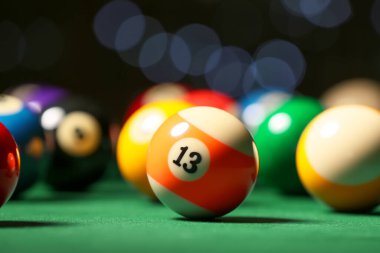 Colorful billiard balls on table, closeup