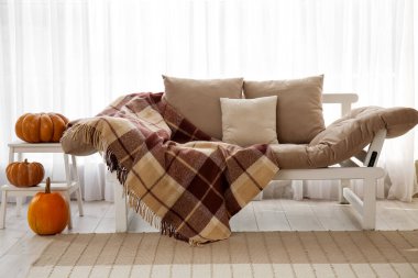 Cadılar Bayramı balkabaklı merdiven ve ışık perdesinin yanındaki kanepe