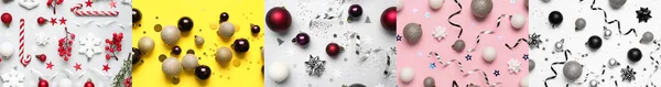 Kollázs Gyönyörű Karácsonyi Kompozíciók Színes Háttér — Stock Fotó