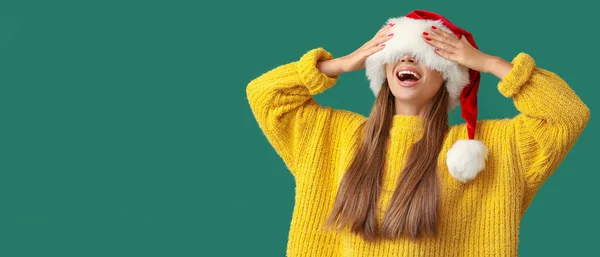 Happy Young Woman Santa Hat Green Background Space Text — Stock Photo, Image