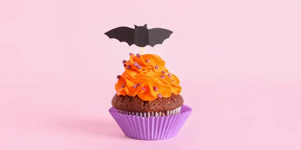 Lekker Halloween Cupcake Roze Achtergrond — Stockfoto