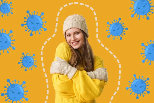 Happy young woman and drawn virus on orange background. Concept of strong immunity