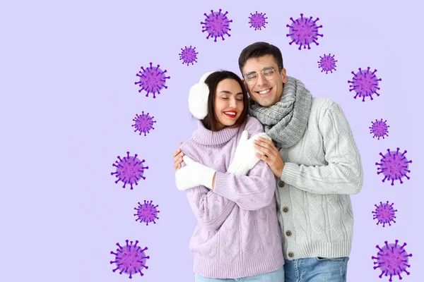 Happy Young Couple Drawn Virus Lilac Background Concept Strong Immunity — Stock Photo, Image