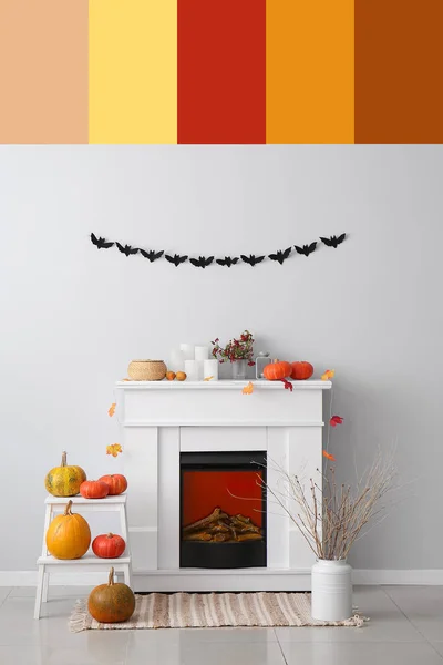 Interior Living Room Fireplace Decorated Halloween Different Color Patterns — Stock Photo, Image