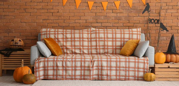 Interior Living Room Sofa Decorated Halloween — Stock Photo, Image