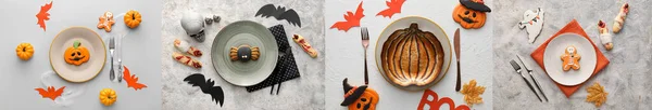Collage Avec Différents Paramètres Table Halloween Sur Fond Clair Vue — Photo