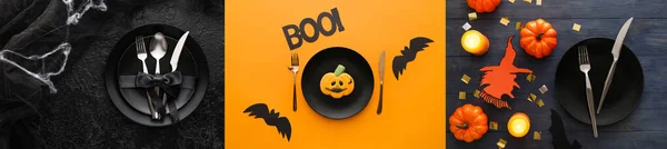 Collage Different Halloween Table Settings Top View — Stock Photo, Image