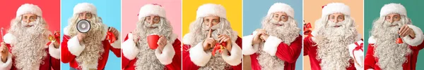 Collage Mit Weihnachtsmännern Auf Farbigem Hintergrund — Stockfoto