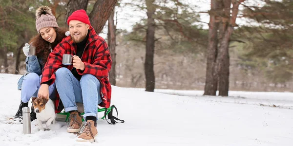 Glückliches Gemischtes Paar Mit Hund Wald Einem Wintertag — Stockfoto