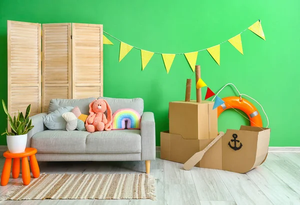 Interior Children Room Toy Cardboard Ship Green Wall — Stock Photo, Image
