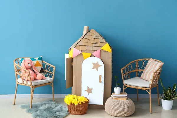 Stylish Interior Children Room Toy Cardboard House Blue Wall — Stock Photo, Image