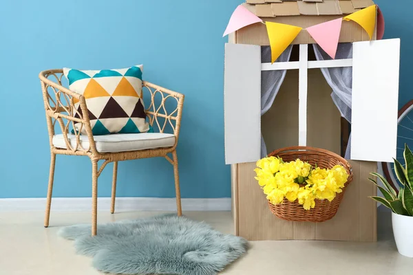 Stylish Interior Children Room Toy Cardboard House Blue Wall — Stock Photo, Image