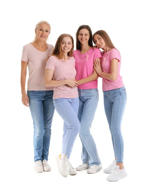 Hermosas Mujeres Con Cintas Conciencia Rosa Sobre Fondo Blanco Concepto — Foto de Stock