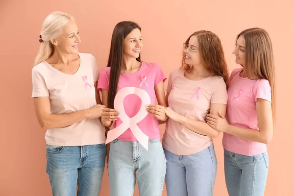 Beautiful Women Pink Awareness Ribbons Color Background Breast Cancer Concept — Stock Photo, Image