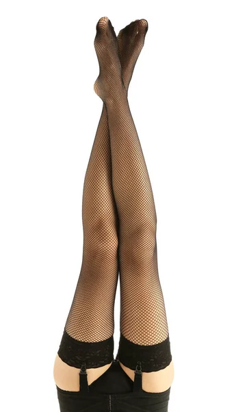 Bacaklar Beyaz Arka Planda Siyah Çorap Içinde Güzel Genç Kadın — Stok fotoğraf