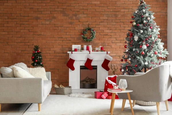 Interior Sala Estar Con Bolsa Santa Chimenea Árbol Navidad — Foto de Stock