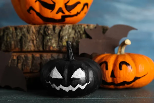 Composition Halloween Pumpkins Color Wooden Table Closeup — Stock Photo, Image