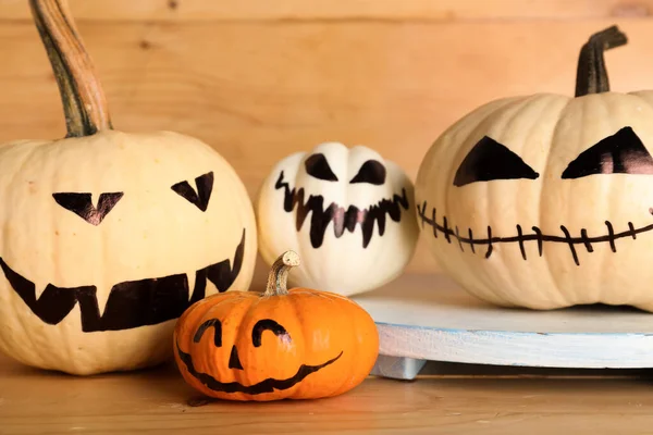 Different Halloween Pumpkins Wooden Background Closeup — Stock Photo, Image