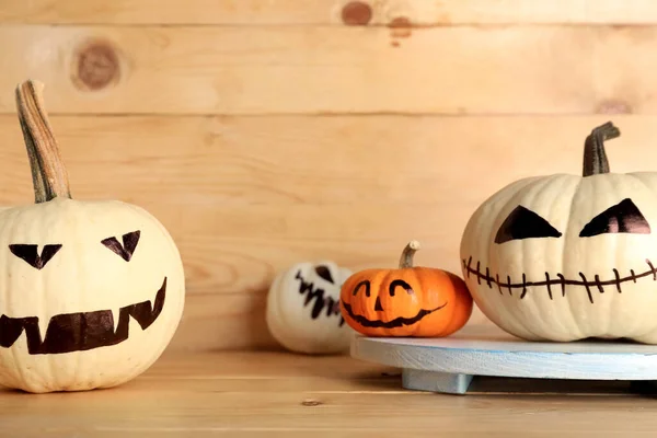 Different Halloween Pumpkins Wooden Background — Stock Photo, Image