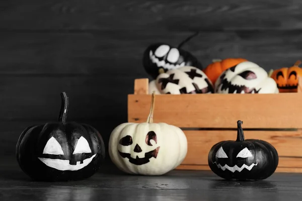 Box Different Halloween Pumpkins Dark Wooden Background — Stock Photo, Image
