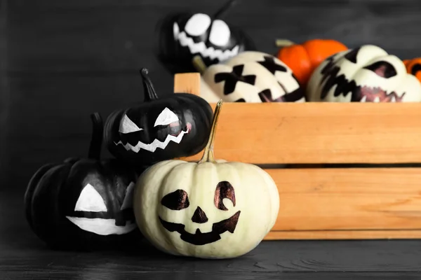 Box Different Halloween Pumpkins Dark Wooden Background — Stock Photo, Image