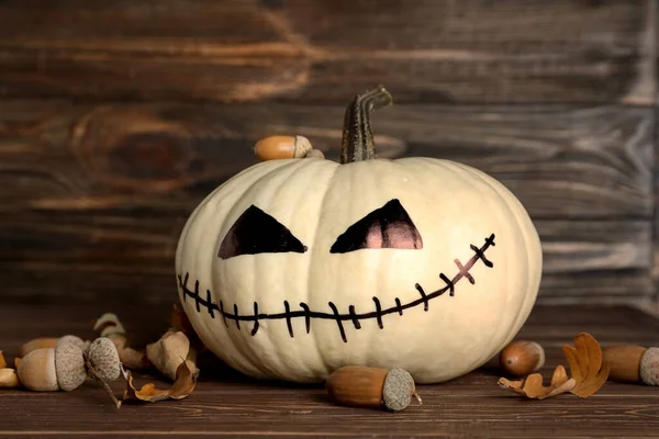 Halloween Pumpkin Acorns Wooden Background — Stock Photo, Image