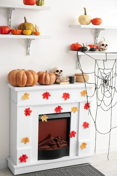 Modern Fireplace Shelves Halloween Pumpkins Room — Stock Photo, Image