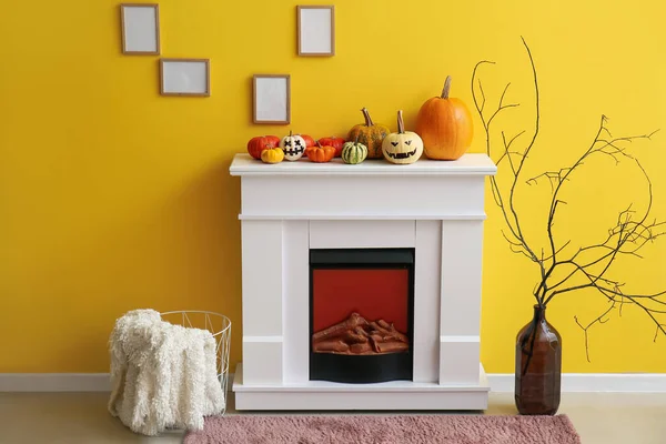 Interior Living Room Decorated Halloween Fireplace Blank Frames — Stock Photo, Image