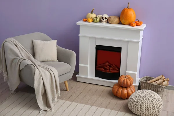 Interior Living Room Decorated Halloween Fireplace Pumpkins Armchair — Stock Photo, Image