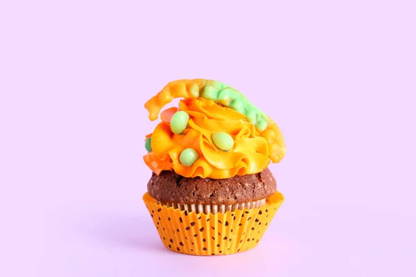 Sabroso Cupcake Halloween Sobre Fondo Rosa — Foto de Stock